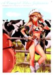  animal_print aqua_eyes belt bikini_top blonde_hair boots braid breasts cleavage cow cow_print cowboy_hat english freckles fringe_trim glasses gun handgun hands hat highres large_breasts legs long_hair nishieda ranch remuria revolver shinrabanshou short_shorts shorts smile solo twin_braids weapon western 