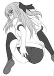  ass buruma cyril greyscale gym_uniform half_updo long_hair looking_back monochrome ribbon shichimenchou shining_(series) shining_force_exa simple_background solo thighhighs 