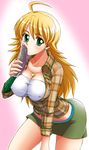  ahoge blonde_hair breasts bursting_breasts cleavage condom covered_nipples cucumber curvy green_eyes hoshii_miki idolmaster idolmaster_(classic) impossible_clothes impossible_shirt jewelry large_breasts leaning_forward long_hair midriff miniskirt navel necklace plaid plaid_shirt rikumoto_yoshiyuki sexually_suggestive shirt skirt solo 