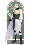  1boy armor black_footwear black_gloves blue_eyes cape copyright_name elion_the_king_of_spirits gloves highres holding holding_sword holding_weapon male_focus pixiv_fantasia_last_saga shima108 simple_background solo standing sword weapon white_background white_cape 