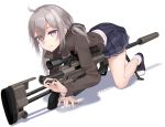  1girl ahoge bolt_action bullet cheytac_m200 eyebrows_visible_through_hair eyes_visible_through_hair girls_frontline gun highres holding looking_at_viewer m200_(girls_frontline) no_shoes purple_eyes rifle scope shadow silver_hair sniper_rifle socks solo suppressor twintails twitter_username vectorek weapon white_background 