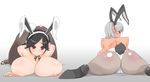  animal_ears ass backboob breasts bunny_ears bunny_girl bunnysuit cameltoe copyright_request grey_hair huge_breasts jt_dong-agyoku looking_back multiple_girls nipples pantyhose short_hair tail tan topless 