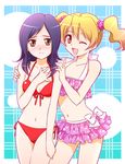  bikini blush fresh_precure! front-tie_top higashi_setsuna hiyori momozono_love multiple_girls one_eye_closed precure side-tie_bikini swimsuit 