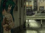  aqua_eyes aqua_hair car dog gag gagged ground_vehicle hatsune_miku headphones headset horuda improvised_gag long_hair motor_vehicle puppy rain solo tape tape_gag topless twintails vocaloid 