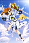  absurdres brown_hair cloud day falling feathers ferret hair_ribbon happy highres left-handed lyrical_nanoha mahou_shoujo_lyrical_nanoha mahou_shoujo_lyrical_nanoha_the_movie_1st megami non-web_source official_art okuda_yasuhiro open_mouth purple_eyes raising_heart ribbon skirt sky takamachi_nanoha twintails yuuno_scrya 