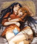  akiyama_mio bed black_eyes black_hair brown_eyes brown_hair cuddling fukutarou_(enji127) hands hug k-on! leg_between_thighs long_hair multiple_girls no_pants one_eye_closed open_mouth panties pillow short_hair striped striped_panties tainaka_ritsu underwear yuri 