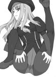  caren_hortensia crotch_seam fate/hollow_ataraxia fate/stay_night fate_(series) greyscale hat layered_sleeves legs_up long_hair monochrome pantyhose shichimenchou simple_background solo thighhighs thighhighs_over_pantyhose 