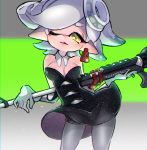  +_+ 1girl artist_name behind_back breasts collar commentary cowboy_shot detached_collar domino_mask dress earrings food food_on_head gloves grey_hair grey_legwear holding holding_weapon hotaru_(splatoon) jewelry leaning_to_the_side light_particles lips looking_at_viewer mask medium_breasts mole mole_under_eye object_on_head one_eye_closed parted_lips pointy_ears short_dress short_hair short_jumpsuit shorts_under_dress signature smile solo splat_charger_(splatoon) splatoon_(series) standing strapless tentacle_hair ueda_kou weapon white_collar white_gloves 
