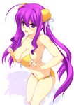  :d ahoge bikini breasts bun_cover cleavage double_bun front-tie_top kinoshita_ichi large_breasts long_hair navel open_mouth original purple_eyes purple_hair shiny shiny_skin smile solo standing strap_gap swimsuit twintails 