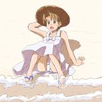  beach dress fujimoto_atsuko hat lielos oekaki open_mouth original panties sandals solo straw_hat sundress underwear upskirt 