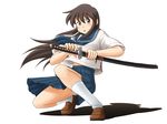  brown_hair grey_eyes highres katana lielos original panties school_uniform sera_haruna serafuku skirt socks solo squatting sword underwear upskirt weapon 