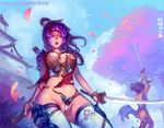  architecture areolae bangs bare_back battle blue_sky breasts cameltoe castle cherry_blossoms cloud covered_nipples duel east_asian_architecture fingerless_gloves fishnets from_below gloves katana large_breasts leaf long_hair mask midriff multiple_girls navel ninja nipples original panties parted_bangs purple_eyes purple_hair sky sword thighhighs thong torn_clothes torn_panties underwear upskirt weapon worried xiao_qiang_(1985) 