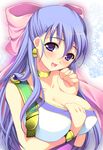  bad_id bad_pixiv_id blue_hair bow breasts cleavage dragon_quest dragon_quest_v earrings flora half_updo huge_breasts jewelry long_hair ookami_ryousuke open_mouth pink_bow smile solo 
