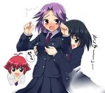  3girls artist_request blazer blush breast_grab breasts grabbing jacket kajiki_yumi kanbara_satomi medium_breasts multiple_girls saki school_uniform simple_background touyoko_momoko tsuruga_school_uniform white_background yuri 