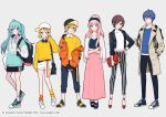  2boys 4girls aqua_eyes aqua_hair backpack bag baseball_cap black_footwear black_jacket black_shirt blonde_hair blue_eyes blue_hair blue_shirt brown_eyes brown_hair collared_shirt commentary_request drawstring hand_in_pocket hand_on_hip hat hatsune_miku holding hood hood_down hoodie jacket kagamine_len kagamine_rin kaito kisaragi_yuu_(fallen_sky) long_hair long_skirt long_sleeves looking_at_viewer megurine_luka meiko midriff multiple_boys multiple_girls off_shoulder official_art orange_jacket pants pink_hair pink_skirt red_footwear sandals shirt shoes short_hair shorts skirt smile striped striped_pants sweater twintails v vocaloid watermark web_address white_footwear white_shirt yellow_sweater 