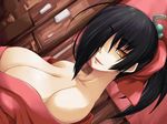  bare_shoulders black_hair breasts character_request cleavage dutch_angle g_munyo game_cg greensvale_no_mori_no_naka hair_over_one_eye huge_breasts lips lipstick makeup ponytail smile solo yellow_eyes 