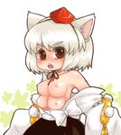  animal_ears breasts brown_eyes detached_sleeves extra_breasts hat inubashiri_momiji kty_(04) large_breasts lowres nipples short_hair solo tokin_hat touhou white_hair wolf_ears 