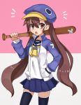  1girl absurdres artist_request baseball_bat blue_hat brown_eyes brown_hair disgaea hat highres jacket kazamatsuri_fuuka long_hair makai_senki_disgaea_4 open_mouth pleated_skirt school_uniform skirt solo thighhighs twintails 