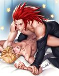  2boys abs anal blonde_hair cum cum_on_body erection kingdom_hearts lying male_focus multiple_boys nude penetration penis red_hair restrained robe sex smile yaoi 