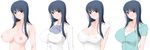  apron blue_hair blush breasts brown_eyes cleavage copyright_request covered_nipples highres huge_breasts long_hair long_image miito_shido nude ribbon see-through shirt white_shirt wide_image zipper 