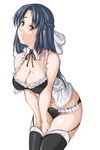  blue_hair bra breasts cleavage copyright_request highres large_breasts lingerie long_hair maid panties saruanu solo thighhighs underwear 