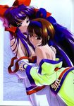  ainu_clothes bow breasts brown_eyes brown_hair hug long_hair medium_breasts multiple_girls nakoruru nipples off_shoulder purple_eyes purple_hair red_bow rimururu samurai_spirits short_hair siblings sisters topless watanabe_akio 