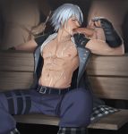  3boys abs cum cum_on_body ejaculation erection fellatio kingdom_hearts licking male_focus multiple_boys muscle oral orgasm penis riku silver_hair sitting solo_focus undressing yaoi 