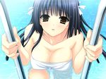  black_hair bow breasts brown_eyes cleavage game_cg hair_bow himenomiya_kaguya large_breasts long_hair pool ribbon solo stellar_theater suzuhira_hiro swimsuit wet 