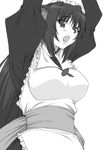  arms_up breasts copyright_request covered_nipples fang greyscale large_breasts maid monochrome open_mouth shichimenchou simple_background solo 