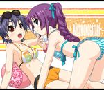  :3 ass bakemonogatari ball bandages beachball bikini boyshorts braid breasts cameltoe covered_nipples highres k10k kanbaru_suruga long_hair looking_back medium_breasts monogatari_(series) multiple_girls purple_hair senjougahara_hitagi short_hair single_braid sunglasses swimsuit trefoil 