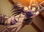  armpits arms_up bare_shoulders bdsm belt blush bondage bound breasts chain chained cleavage clenched_teeth cuffs dutch_angle elbow_gloves game_cg garter_straps gloves grey_hair inui_reona kuro_ai kuroishi_ringo large_breasts leather lingerie long_hair midriff shiny shiny_clothes slave solo standing strap teeth thigh_strap thighhighs underwear wavy_hair 