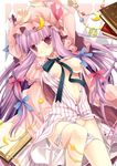  argyle argyle_background arms_up bangs blunt_bangs blush book bow breasts crescent groin hair_bow hair_ribbon hands hat jewelry jitome large_breasts long_hair lying miyasu_risa neck_ribbon open_book open_clothes open_shirt panties panty_pull patchouli_knowledge pink_bow purple_eyes purple_hair ribbon shirt side-tie_panties solo touhou underwear very_long_hair 