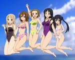  akiyama_mio barefoot bikini black_eyes black_hair blonde_hair blue_eyes breasts brown_eyes brown_hair cameltoe covered_nipples day hirasawa_yui jumping k-on! kirara_jump kotobuki_tsumugi medium_breasts multiple_girls nakano_azusa one-piece_swimsuit polka_dot polka_dot_bikini polka_dot_swimsuit rm_(rm32) short_hair small_breasts swimsuit tainaka_ritsu twintails 