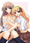  blonde_hair blue_eyes blush breasts brown_hair embarrassed kazumi_yoshizu medium_breasts multiple_girls original school_uniform socks thighhighs underboob undressing 