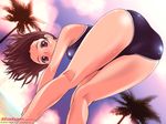  ass bare_shoulders bent_over brown_hair covered_nipples from_below galge.com kneepits long_hair looking_down one-piece_swimsuit palm_tree purple_eyes senbata-rou solo sweat swimsuit tree 
