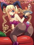  85g animal_ears ass between_breasts blonde_hair blue_eyes breasts bunny_ears bunnysuit cushion drink goblet large_breasts lighter looking_back mouth_hold one_eye_closed original pantyhose parfait solo spoon 