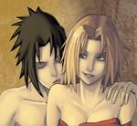  1girl bad_anatomy banned_artist bare_shoulders bluedemon13 closed_eyes collarbone couple grin hand_on_another's_shoulder haruno_sakura hetero licking_shoulder looking_to_the_side naruto_(series) naruto_shippuuden non-web_source self_upload smile spiked_hair tongue tongue_out uchiha_sasuke upper_body watermark web_address 