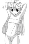  3.1-tan armpits arms_behind_head artist_request bangs blunt_bangs bow cameltoe flat_chest greyscale hair_bow heart long_hair monochrome navel os-tan pose smile solo standing thigh_gap 