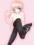  absurdres bad_id bad_pixiv_id banana blonde_hair blue_eyes blush candy crossed_legs cum cum_on_body cum_on_lower_body facial feet flat_chest food foreshortening fruit highres licking_lips lollipop mikoto_(78510) nipples one_eye_closed original otoko_no_ko short_hair sitting soles thighhighs tongue tongue_out 