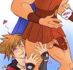  2boys age_difference bara blue_eyes blush brown_hair bulge crotch hercules_(disney) kingdom_hearts male_focus multiple_boys muscle naughty_face penis size_difference sora yaoi 