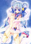  absurdres blue_eyes blue_hair breasts copyright_request covering covering_crotch highres kneeling medium_breasts nipples ramiya_ryou scan solo thighhighs twintails 
