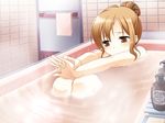  bath bathtub blush brown_eyes brown_hair hair_bun hands hands_clasped ichikura_(bk) original outstretched_arms own_hands_together solo water worried 
