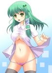  breasts dress_shirt green_hair groin hair_ornament highres kochiya_sanae large_breasts long_hair lowleg lowleg_panties no_bra no_pants open_clothes open_shirt panties rick.black shirt solo thighhighs touhou underboob underwear 