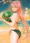  absurdres akashiya_moka beach bikini collar food fruit green_eyes highres holding holding_food holding_fruit ikeda_akihisa jack-o'-lantern long_hair ocean pink_hair polka_dot polka_dot_bikini polka_dot_swimsuit rosario+vampire side-tie_bikini swimsuit watermelon 