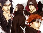  akatsuki_(naruto) akatsuki_uniform animal animal_on_shoulder bandages bird bird_on_shoulder blood crow ear_piercing lily_(artist) lip_piercing male_focus multiple_boys naruto_(series) naruto_shippuuden nose_piercing pain_(naruto) piercing red_eyes uchiha_itachi uchiha_sasuke 