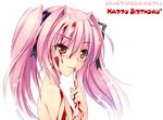  blood blood_on_face choukou_sennin_haruka hair_ribbon long_hair pink_hair ribbon sayori shihoudou_narika solo topless twintails watermark yellow_eyes 