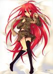  2007 absurdres alastor_(shakugan_no_shana) bed_sheet black_legwear brown_skirt dated eyebrows_visible_through_hair full_body hair_between_eyes highres holding incredibly_absurdres itou_noiji jewelry long_hair long_sleeves looking_at_viewer loose_thighhigh lying miniskirt no_shoes on_back panties panty_peek pendant red_eyes red_hair school_uniform serafuku shakugan_no_shana shana skirt thighhighs underwear unfastened untied v-shaped_eyebrows very_long_hair zettai_ryouiki 