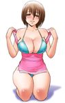 apron bikini blush breasts brown_eyes brown_hair cleavage copyright_request curvy highres kneeling knees large_breasts nearly_naked_apron short_hair smile solo swimsuit tatsunami_youtoku thighs undressing wide_hips 