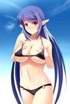  bikini blue_hair blush breast_squeeze breasts cleavage judith large_breasts long_hair micro_bikini o-ring o-ring_bottom o-ring_top pointy_ears red_eyes smile solo swimsuit syacyo tales_of_(series) tales_of_vesperia underboob 