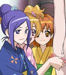  aono_miki blue_kimono blush eyelashes fresh_precure! haruyama_kazunori higashi_setsuna japanese_clothes kimono momozono_love multiple_girls panties panty_pull pink_kimono precure print_kimono underwear undressing yamabuki_inori yellow_kimono yukata yuri 